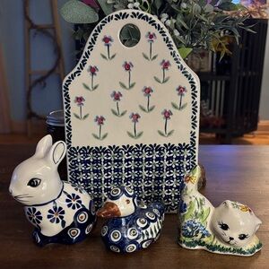 POLISH POTTERY Ceramic Set with Floral Cutting Board
